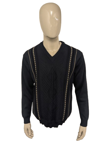 Vintage-Pullover aus Luigi-Merinowolle mit V-Ausschnitt – blau/beige/schwarz – Größe L