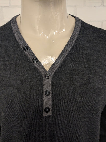 British Indigo wool sweater with V-neck and buttons. Dark gray colored. Size 2XL / XXL. 100% wool
