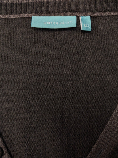 British Indigo wool sweater with V-neck and buttons. Dark gray colored. Size 2XL / XXL. 100% wool
