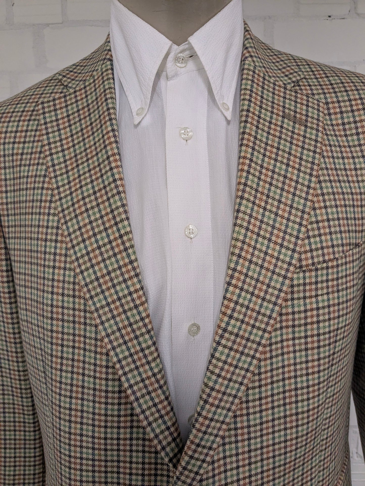 Eduard Dressler Wollen colbert. Beige Groen Bruin Zwart motief. Maat 27 (54 / L).