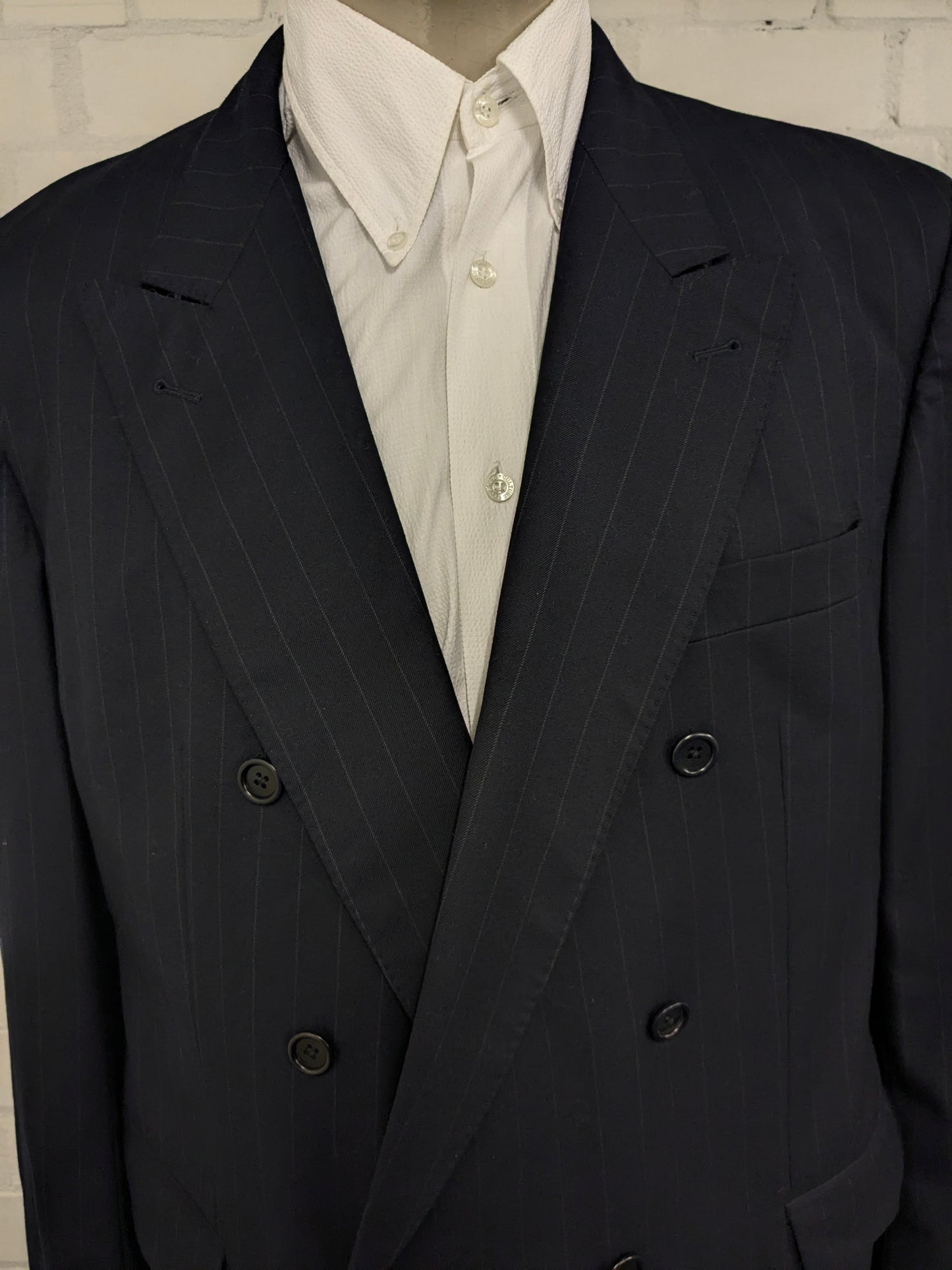 Chaqueta de doble pecho de lana de lana de scabal vintage. Azul oscuro a rayas. Tamaño 28 (56 / xl)