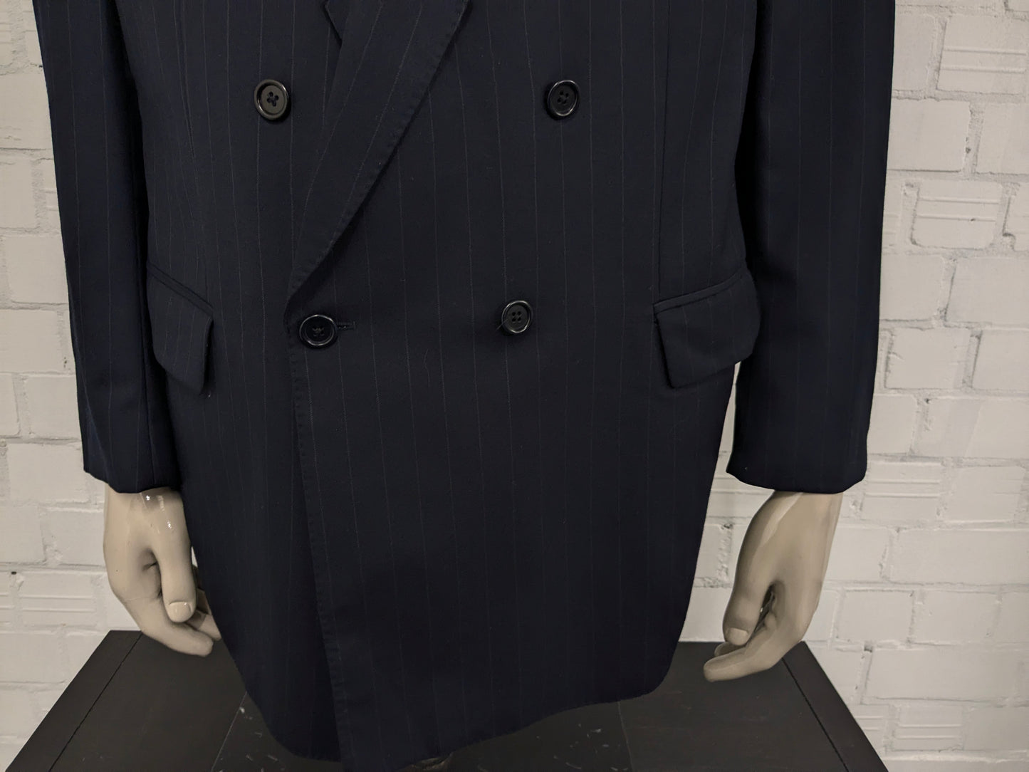 Chaqueta de doble pecho de lana de lana de scabal vintage. Azul oscuro a rayas. Tamaño 28 (56 / xl)
