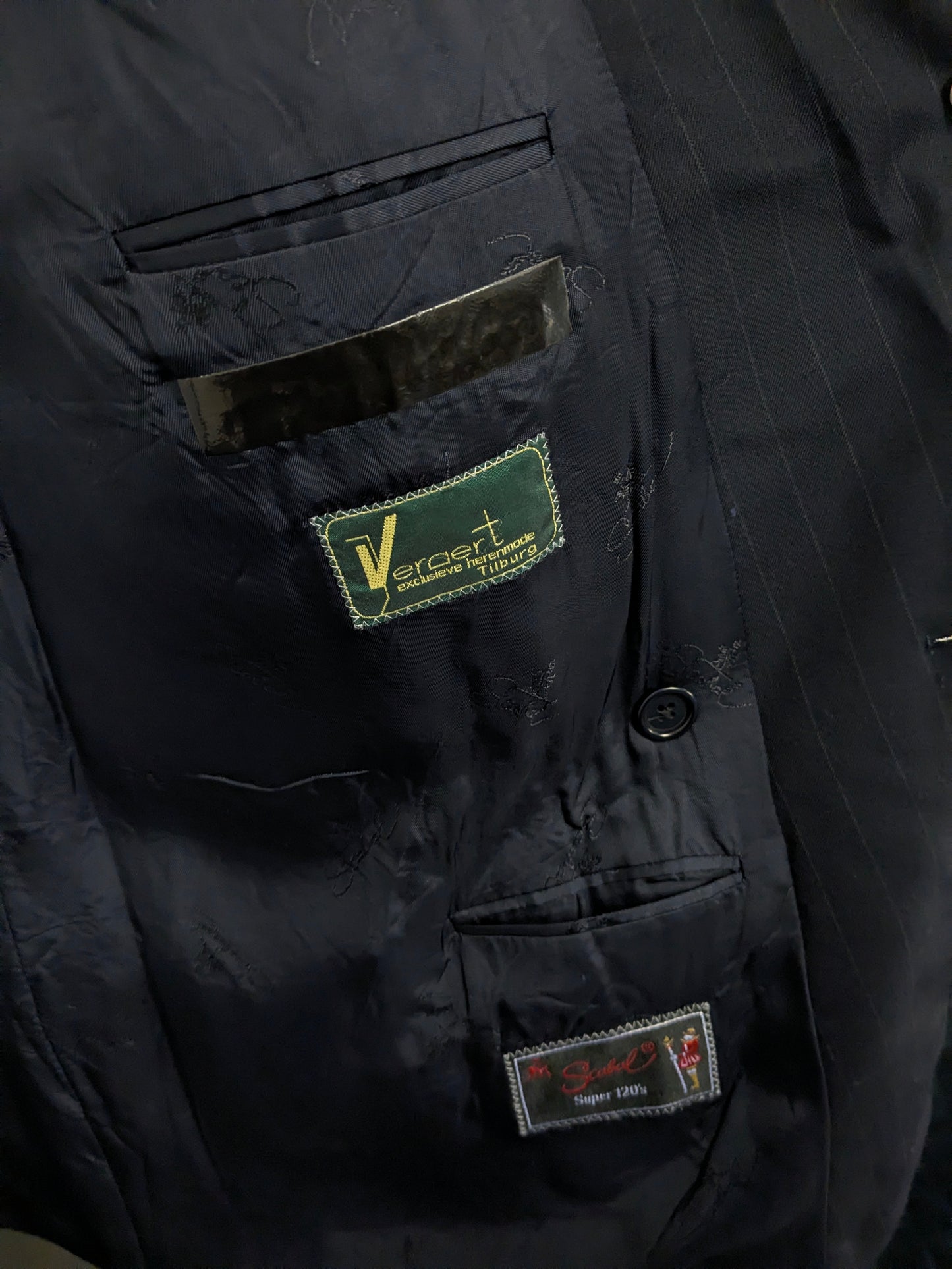 Chaqueta de doble pecho de lana de lana de scabal vintage. Azul oscuro a rayas. Tamaño 28 (56 / xl)