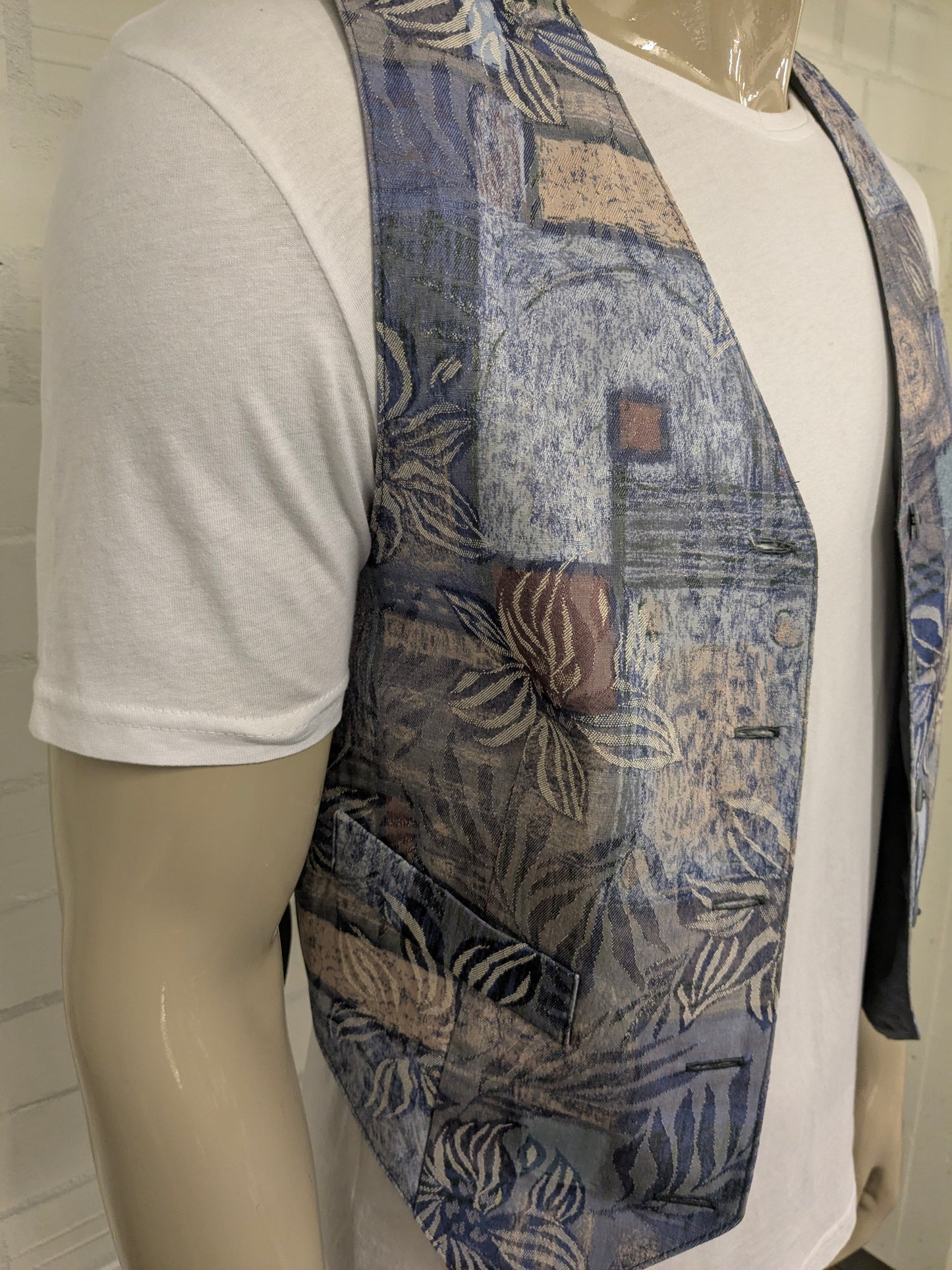 Vintage Orsay waistcoat. Blue beige green brown print. Size S.