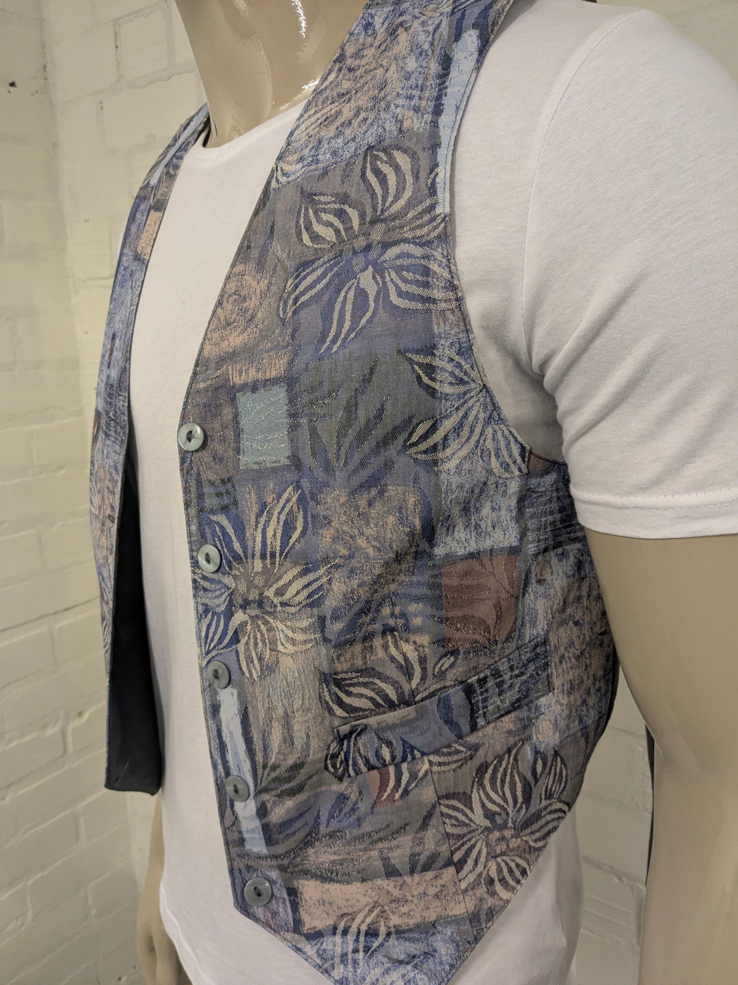 Vintage Orsay waistcoat. Blue beige green brown print. Size S.