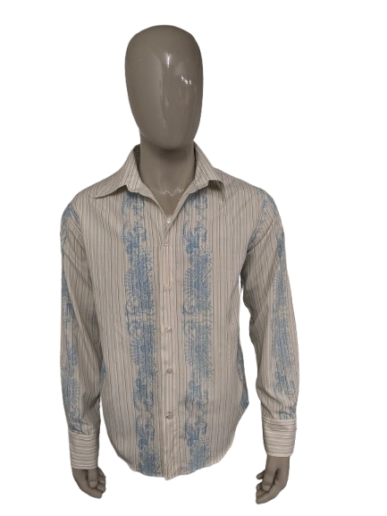 Vintage Politix overhemd met puntkraag. Beige Blauw Bruine print. Maat M / L.