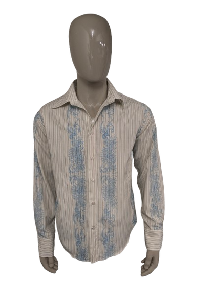 Vintage Politix overhemd met puntkraag. Beige Blauw Bruine print. Maat M / L.