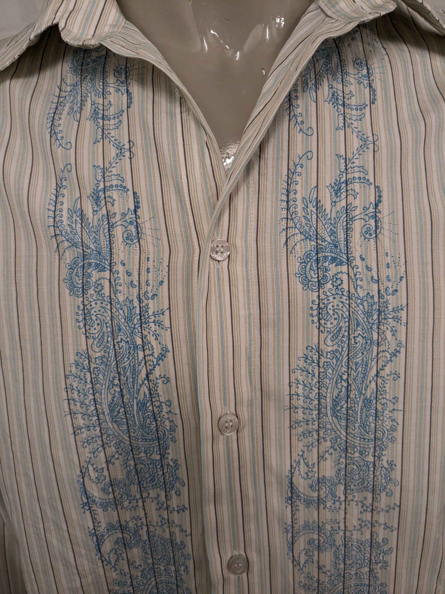 Vintage Politix overhemd met puntkraag. Beige Blauw Bruine print. Maat M / L.