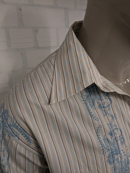 Vintage Politix overhemd met puntkraag. Beige Blauw Bruine print. Maat M / L.