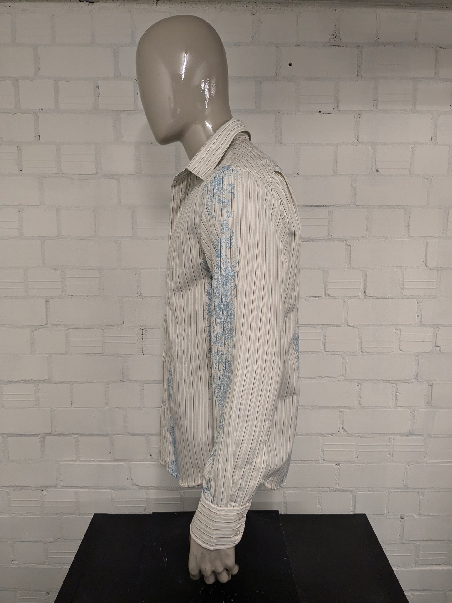 Vintage Politix overhemd met puntkraag. Beige Blauw Bruine print. Maat M / L.