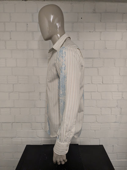 Vintage Politix overhemd met puntkraag. Beige Blauw Bruine print. Maat M / L.