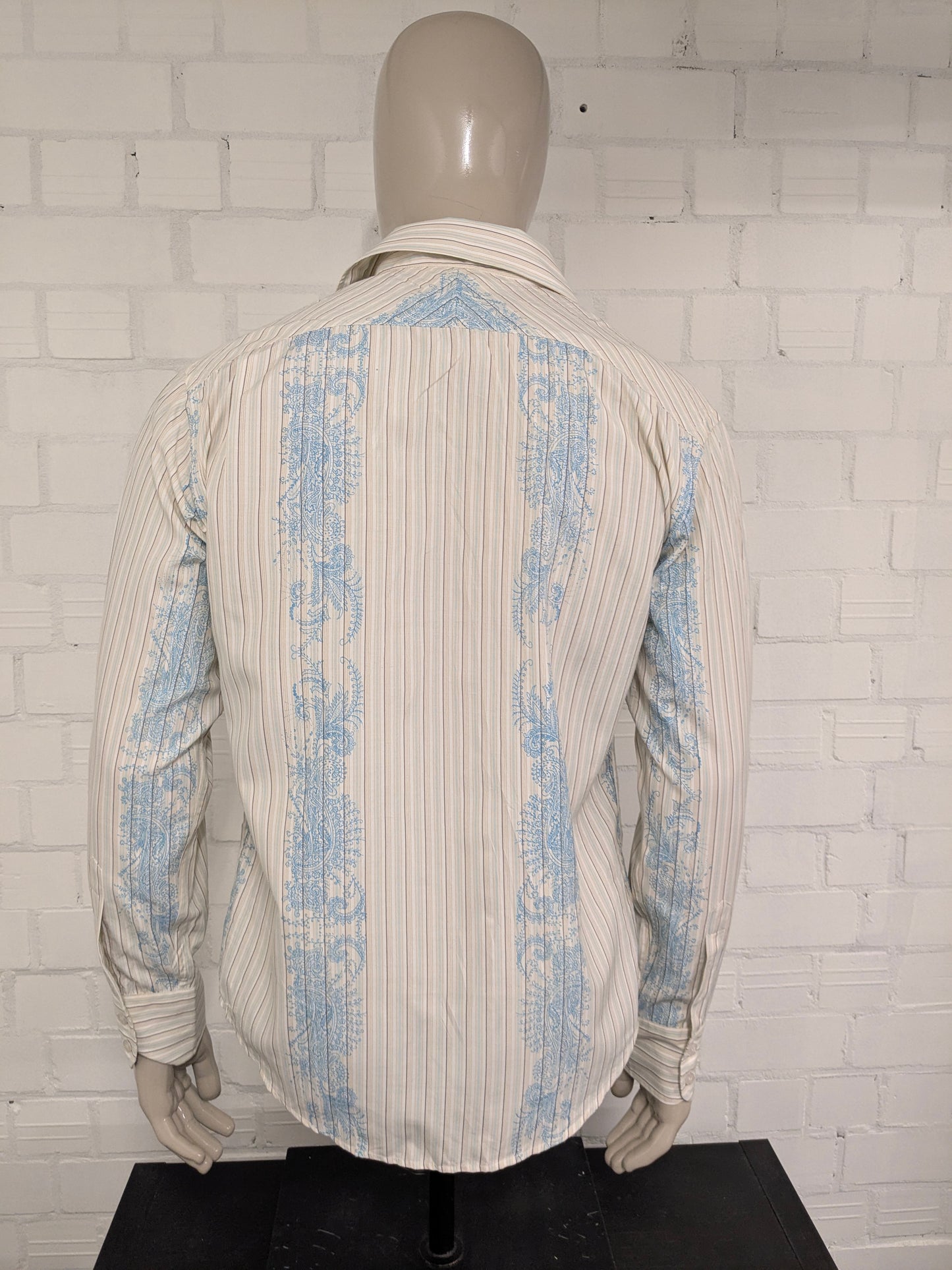 Vintage Politix overhemd met puntkraag. Beige Blauw Bruine print. Maat M / L.