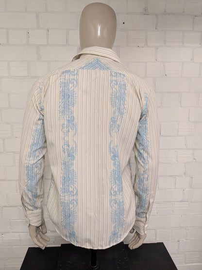 Vintage Politix overhemd met puntkraag. Beige Blauw Bruine print. Maat M / L.