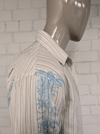 Vintage Politix overhemd met puntkraag. Beige Blauw Bruine print. Maat M / L.
