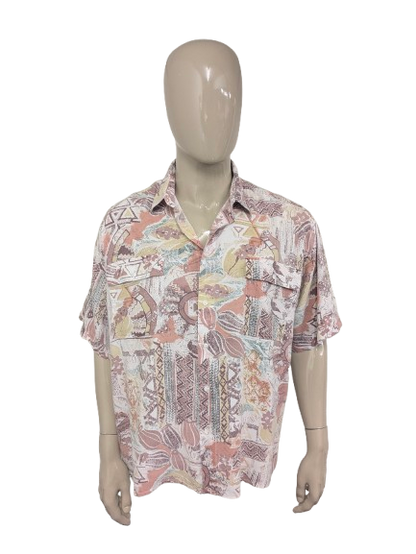 Camisa de empuje vintage 80-90 manga corta. Estampado morado verde rosa. Tamaño 3xl / xxxl.