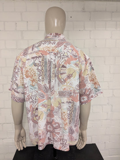 Camisa de empuje vintage 80-90 manga corta. Estampado morado verde rosa. Tamaño 3xl / xxxl.