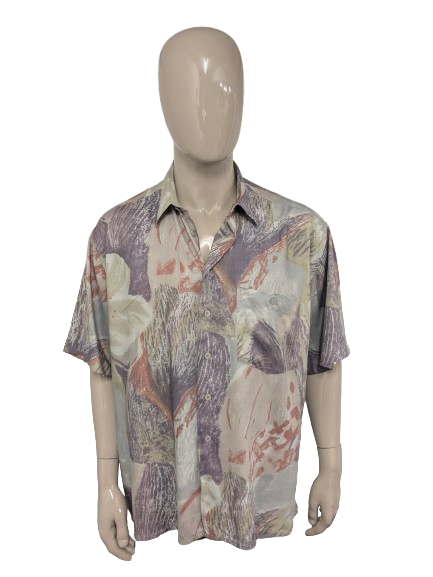 Vintage 80-90's Vasus & Sons overhemd korte mouw. Groen Paars Rode print. Maat 3XL / XXXL. Viscose.