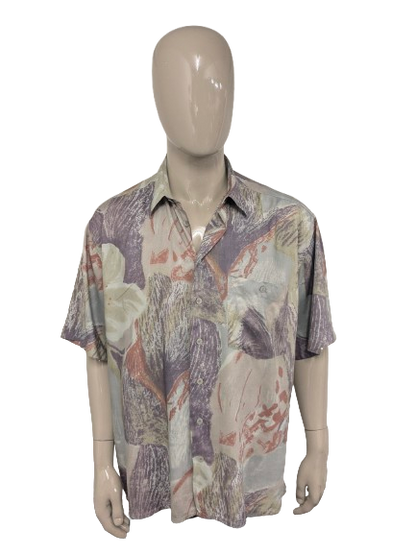 Vintage 80-90's Vasus & Sons overhemd korte mouw. Groen Paars Rode print. Maat 3XL / XXXL. Viscose.