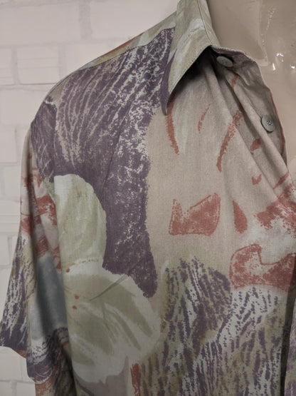 Vintage 80-90's Vasus & Sons overhemd korte mouw. Groen Paars Rode print. Maat 3XL / XXXL. Viscose.