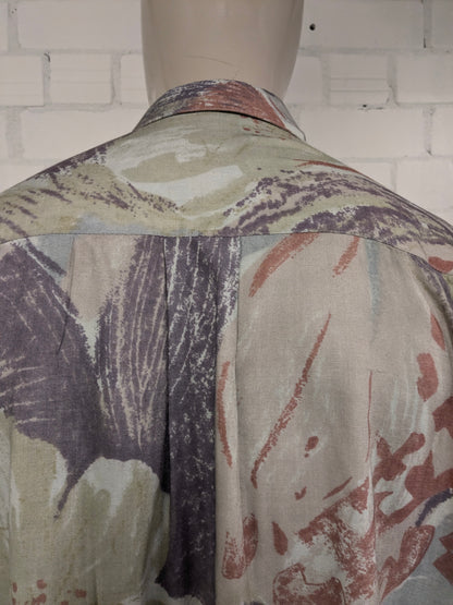 Vintage 80-90's Vasus & Sons overhemd korte mouw. Groen Paars Rode print. Maat 3XL / XXXL. Viscose.