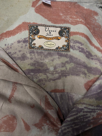 Vintage 80-90's Vasus & Sons overhemd korte mouw. Groen Paars Rode print. Maat 3XL / XXXL. Viscose.