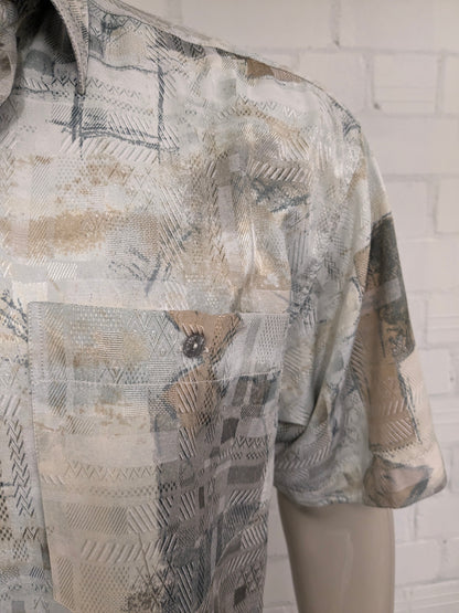 Vintage 80-90's Canda Shirt short sleeve. Green beige brown print. Size XL.