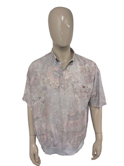 Vintage 80-90's overhemd polo met elastische band. Paarse Bruine print. Maat 2XL - 3XL.