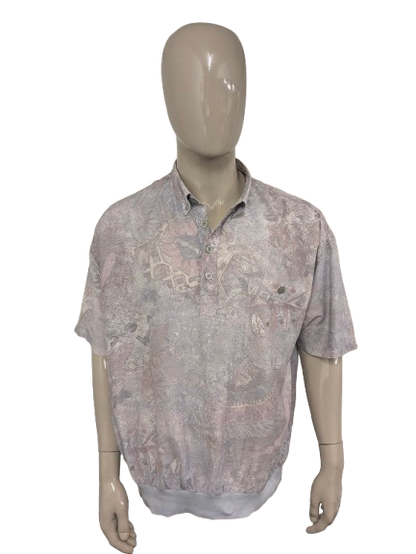 Vintage 80-90's overhemd polo met elastische band. Paarse Bruine print. Maat 2XL - 3XL.