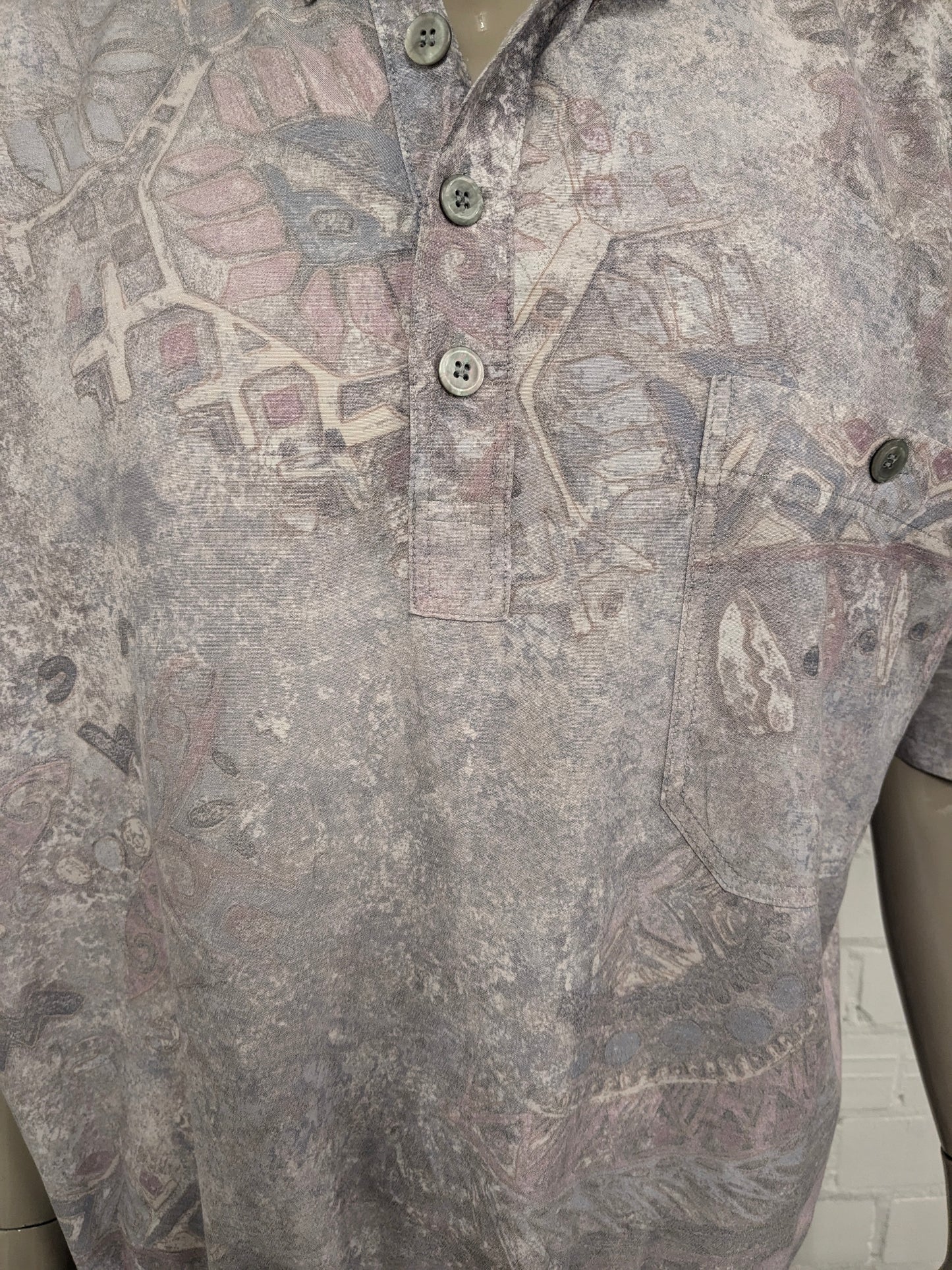 Vintage 80-90's overhemd polo met elastische band. Paarse Bruine print. Maat 2XL - 3XL.