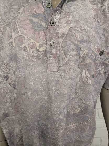 Vintage 80-90's overhemd polo met elastische band. Paarse Bruine print. Maat 2XL - 3XL.