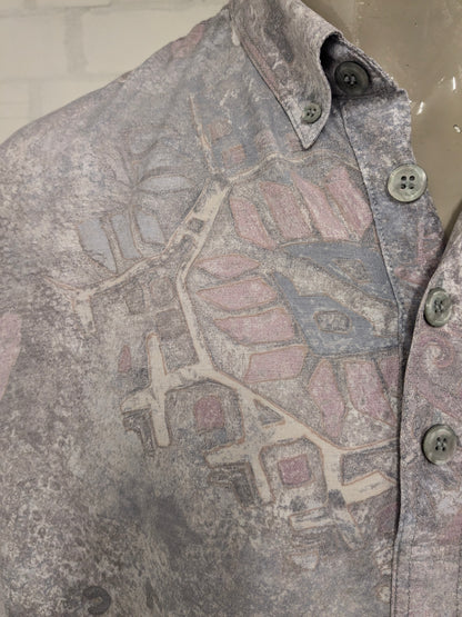 Vintage 80-90's overhemd polo met elastische band. Paarse Bruine print. Maat 2XL - 3XL.