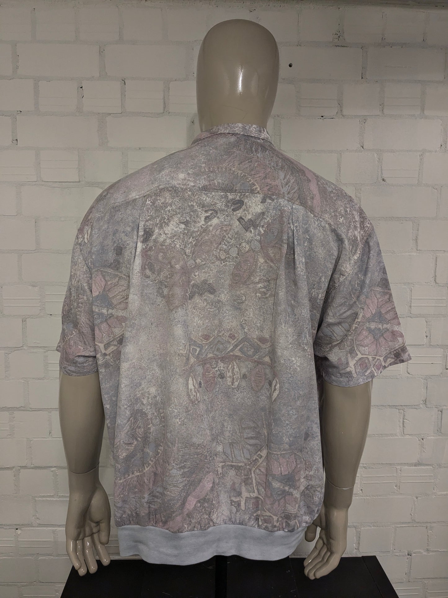 Vintage 80-90's overhemd polo met elastische band. Paarse Bruine print. Maat 2XL - 3XL.