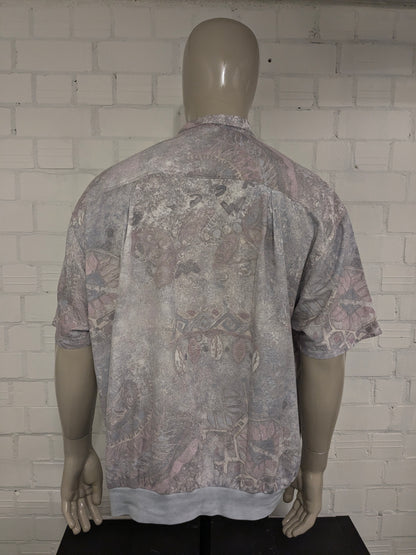 Vintage 80-90's overhemd polo met elastische band. Paarse Bruine print. Maat 2XL - 3XL.