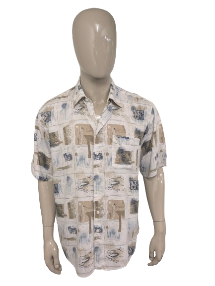 Vintage 80er/90er Canda-Hemd mit kurzen Ärmeln – grün/beige/blauer Aufdruck – Größe XL