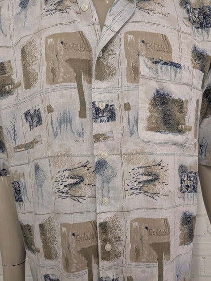 Vintage Cela Cela Cela Cela Manga corta. Impresión azul verde beige. Tamaño xl.