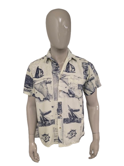 Vintage Pacific Ocean Shirt Kurzarm. Gelbblaudruck. Größe L.