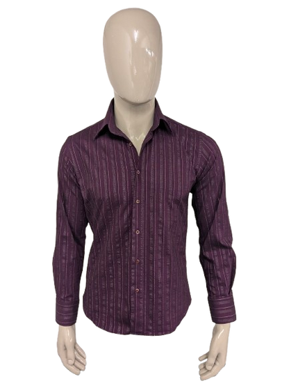 3B! Group shirt. Purple gray light shiny striped. Size M. Slim Line. stretch.