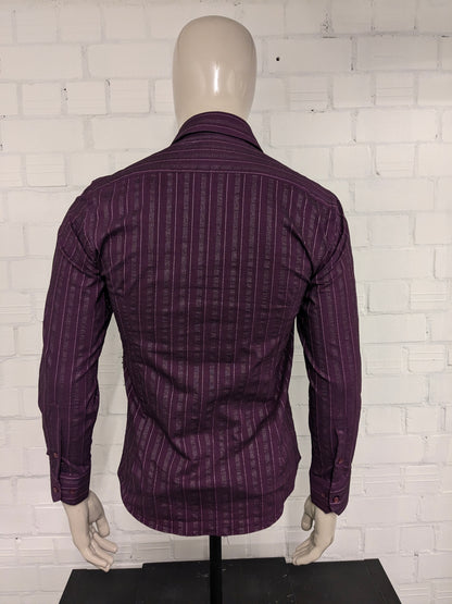3B! Group shirt. Purple gray light shiny striped. Size M. Slim Line. stretch.