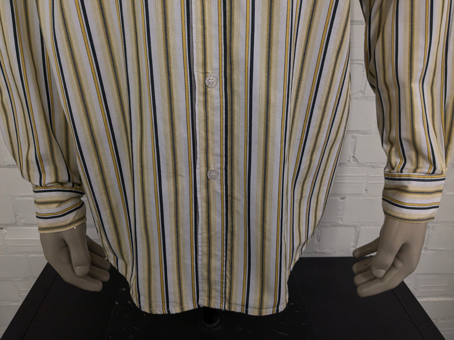 Vintage GLO-Story Shirt. Yellow white black striped. Size 2XL / XXL.