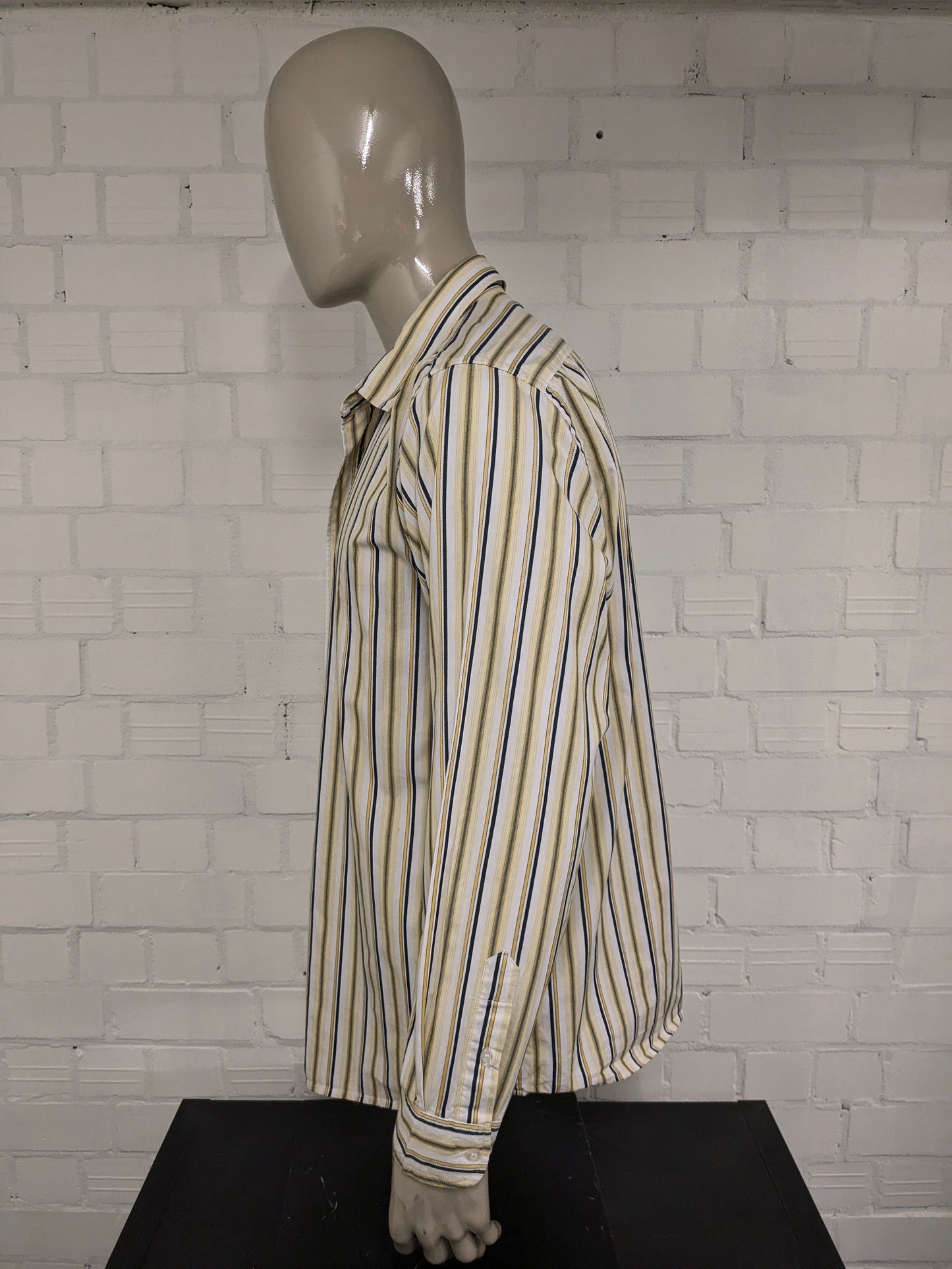 Vintage GLO-Story Shirt. Yellow white black striped. Size 2XL / XXL.