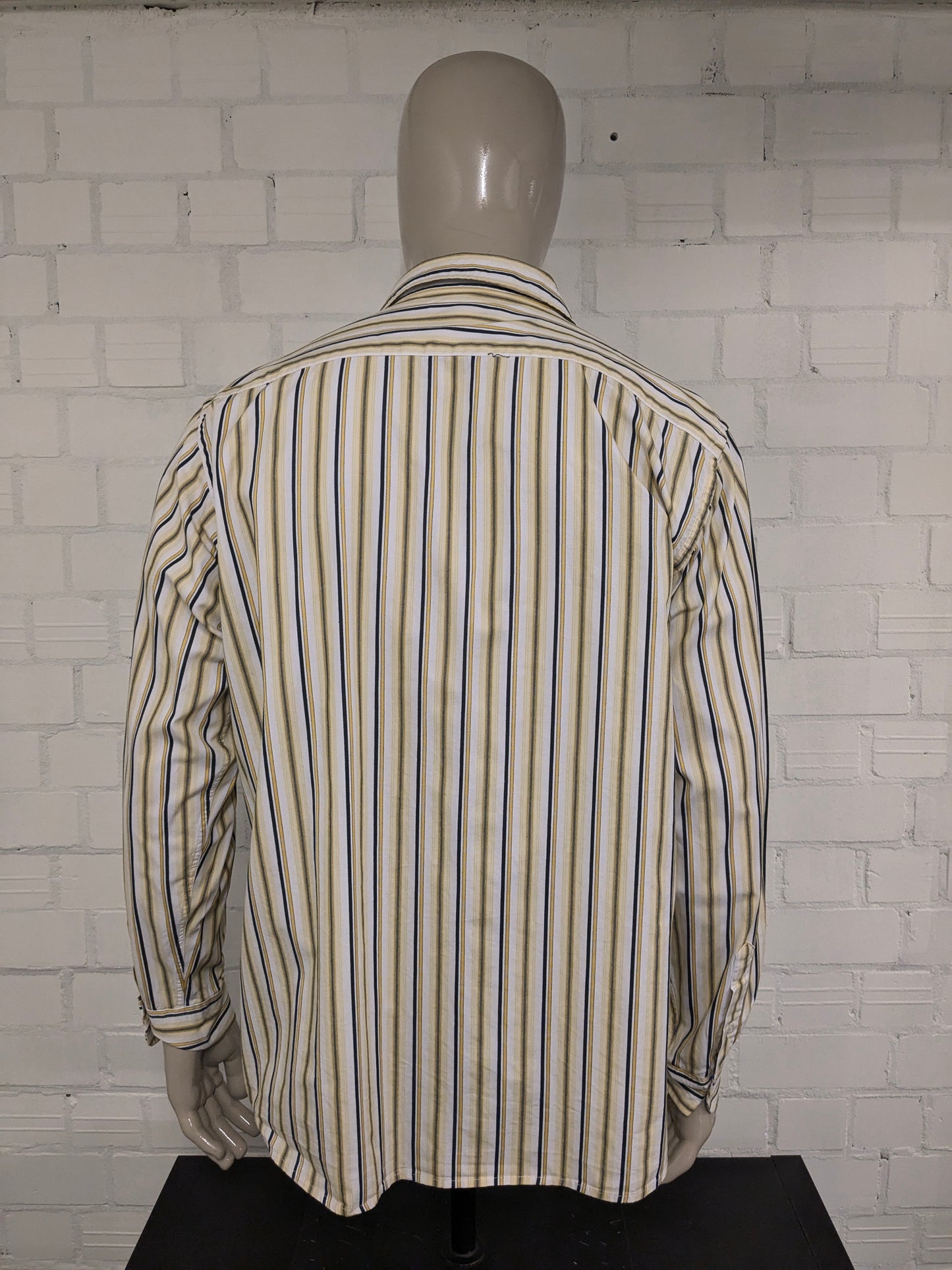 Vintage GLO-Story Shirt. Yellow white black striped. Size 2XL / XXL.