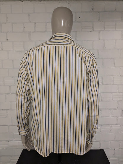 Vintage GLO-Story Shirt. Yellow white black striped. Size 2XL / XXL.