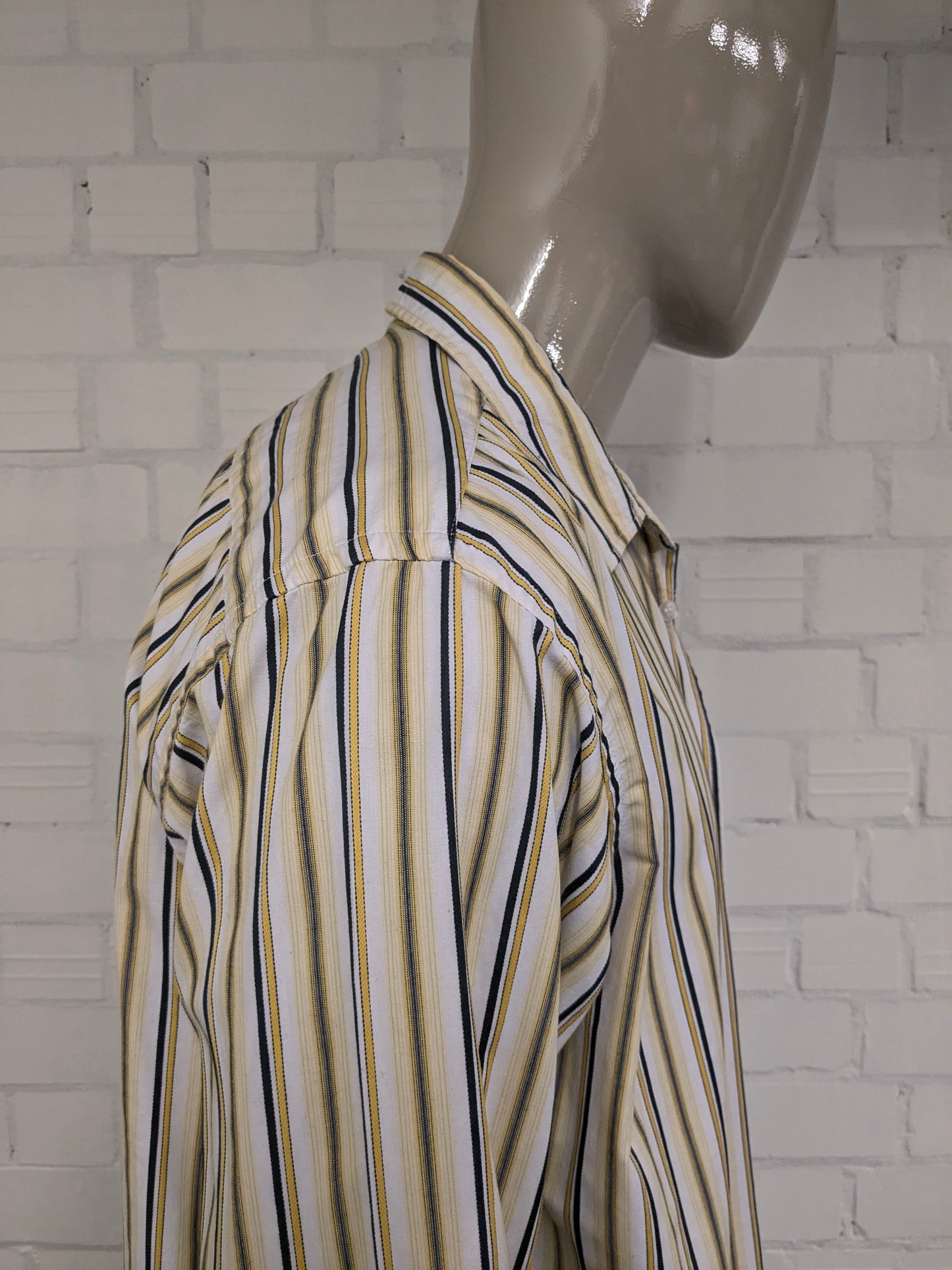Vintage GLO-Story Shirt. Yellow white black striped. Size 2XL / XXL.