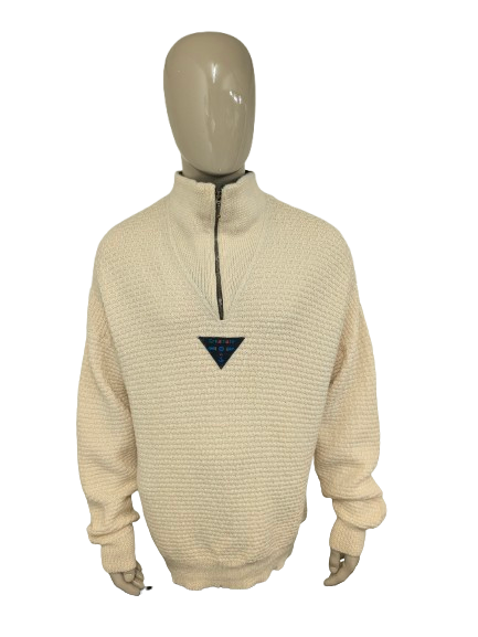 Vintage Creamere Wollpullover mit Reißverschluss. Beiger Grobstrick. Größe 3XL / XXXL.