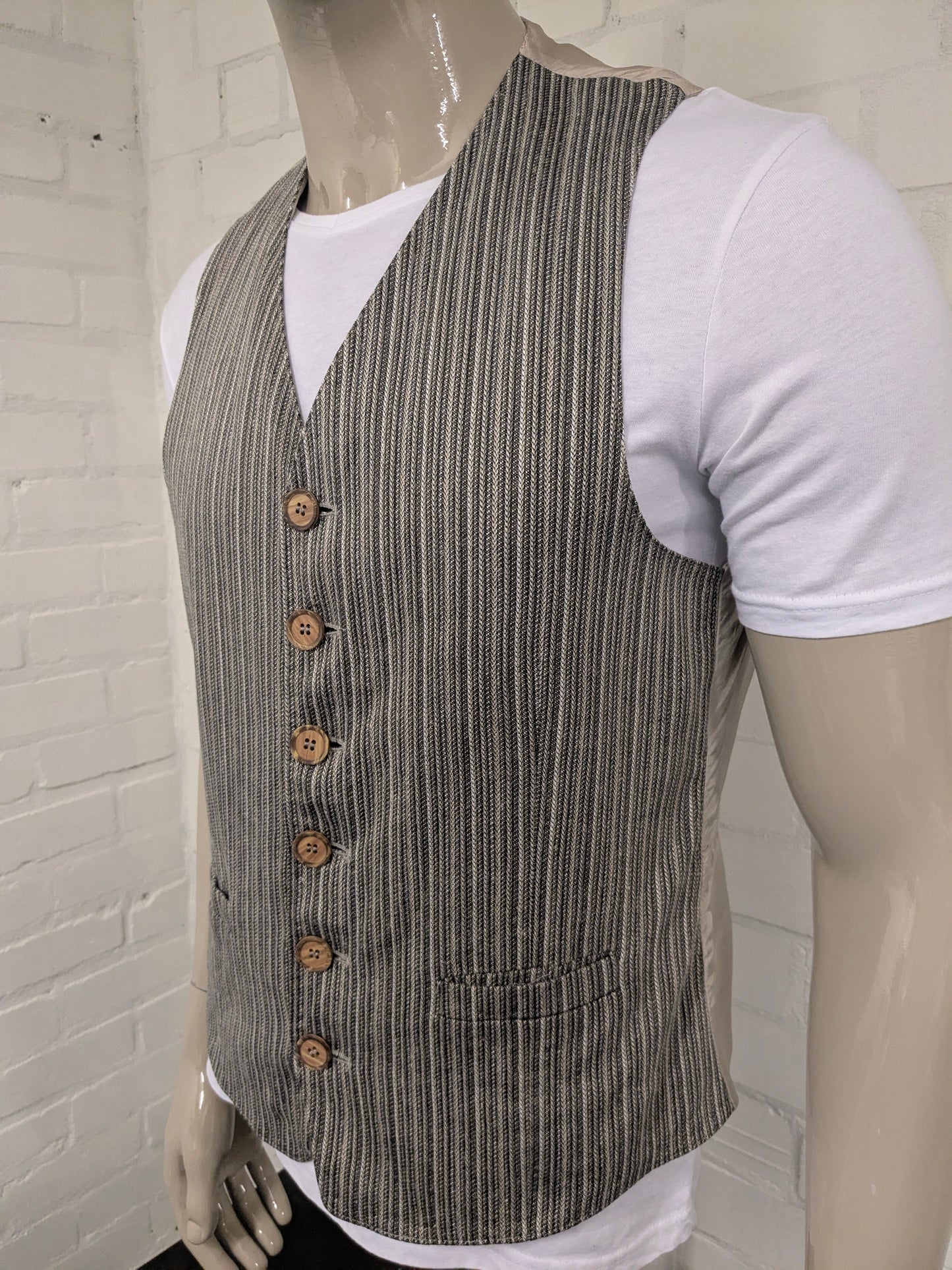 Vintage New Fast waistcoat. Beige brown striped. Size L.