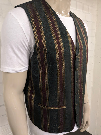 Burton Menswear waistcoat. Green red gold -colored striped motif. Size L.