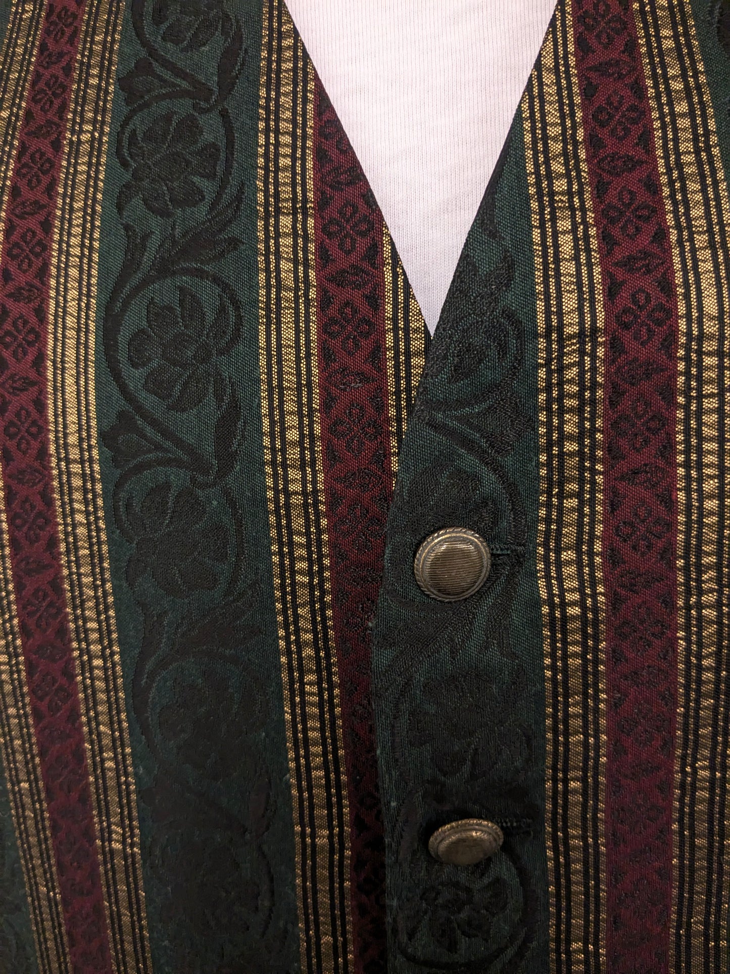 Burton Menswear waistcoat. Green red gold -colored striped motif. Size L.