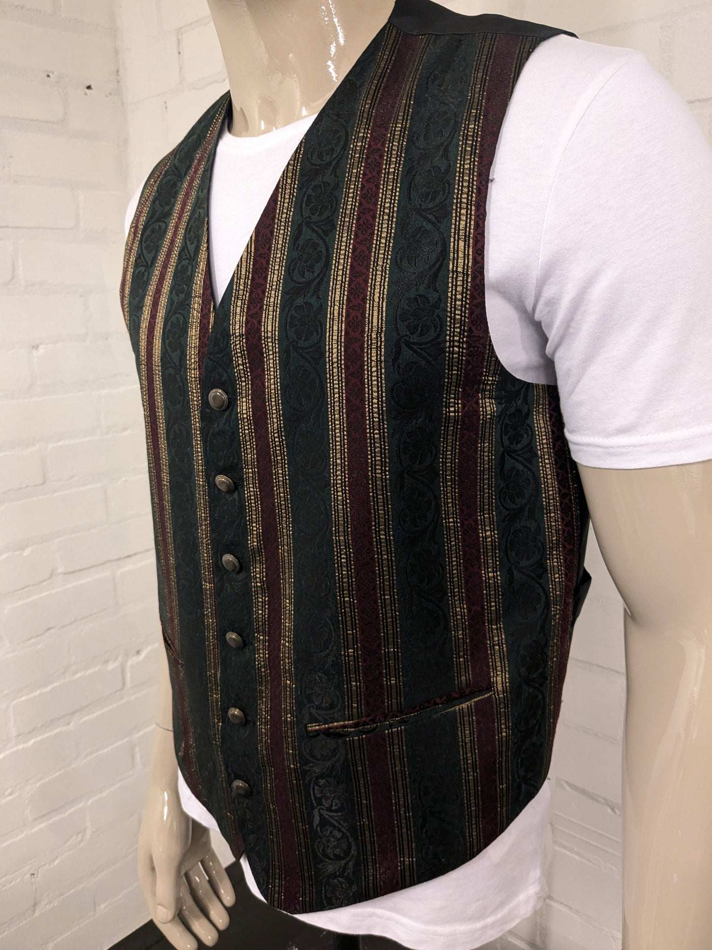 Burton Menswear waistcoat. Green red gold -colored striped motif. Size L.