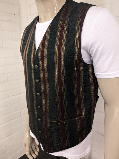 Burton Menswear waistcoat. Green red gold -colored striped motif. Size L.