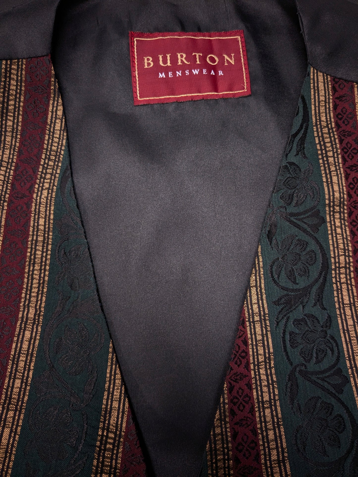 Burton Menswear waistcoat. Green red gold -colored striped motif. Size L.